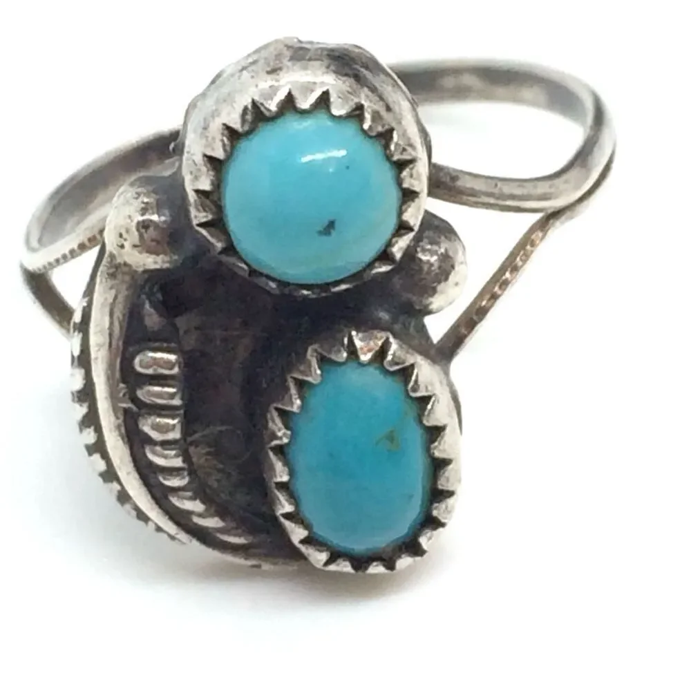 VINTAGE STERLING TURQUOISE Ring Double Stone Southwestern Size 5.25